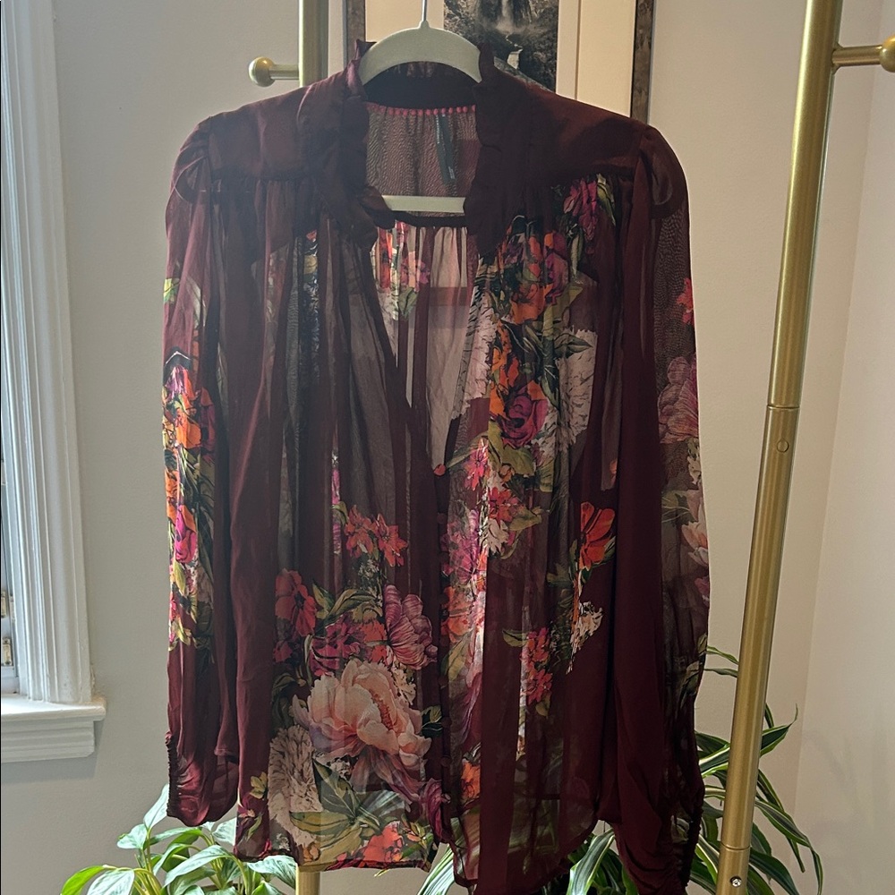 Anthropologie Burgundy Sheer Floral Ruffle-Neck Blouse